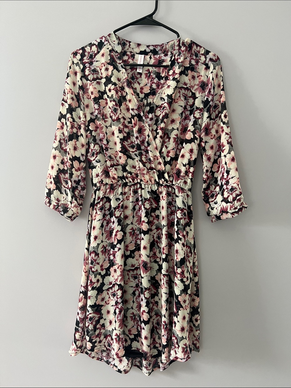 Xhilaration Cream Floral Long-Sleeve Wrap Dress with Pink Accents